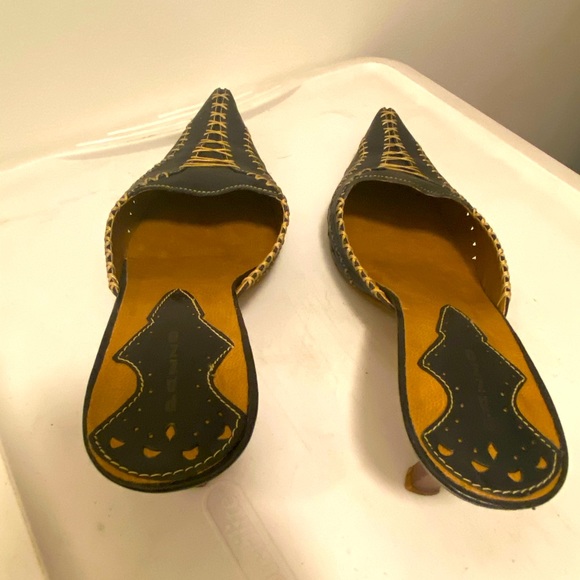 Pazzo Sexy Blue with beige stitching Leather Wood Slides 9 1/2 M - Picture 6 of 8